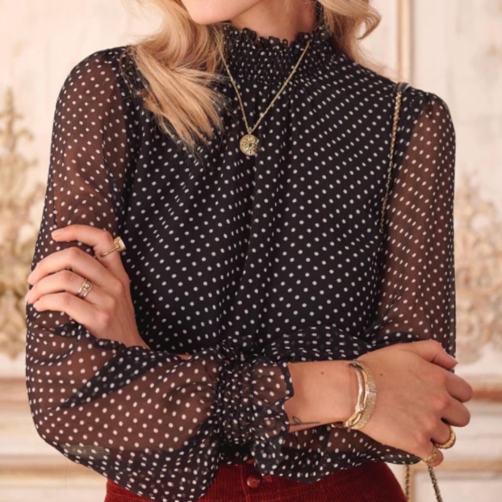 Sezane Cathy Blouse 100% Silk Polka Dot Smocked Dainty Blouse 38
